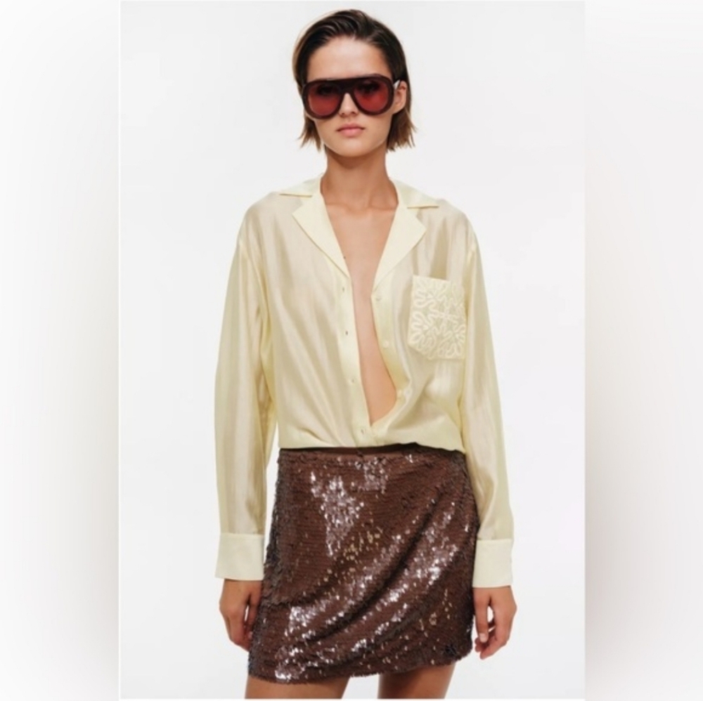 Zara SEQUIN MINI SKIRT BROWN - Picture 11 of 16